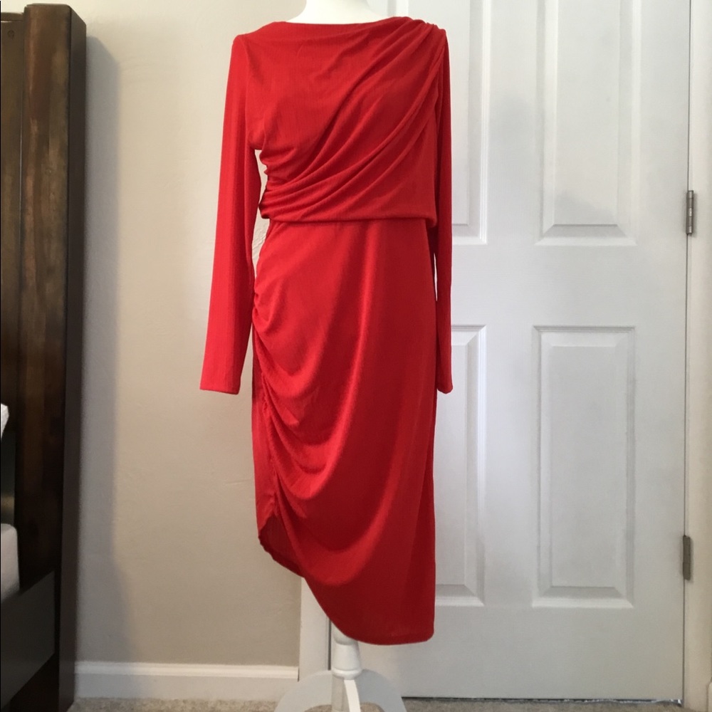 Classy Long Sleeve Slinky Red Midi Dress 💄